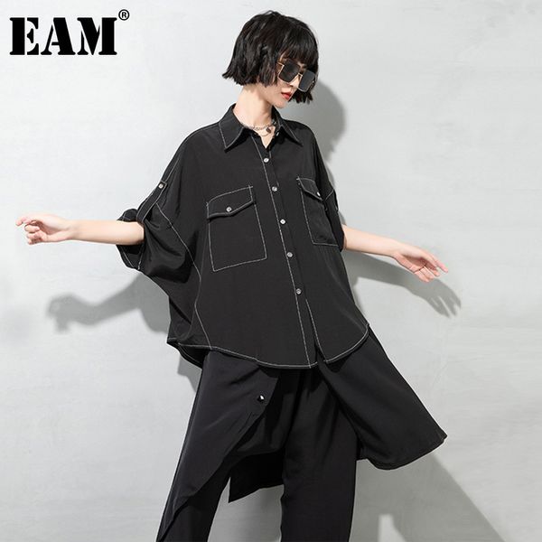 

[eam] women black casual irregular pockets blouse lapel half sleeve loose fit shirt fashion spring summer 1dd8091 210512, White