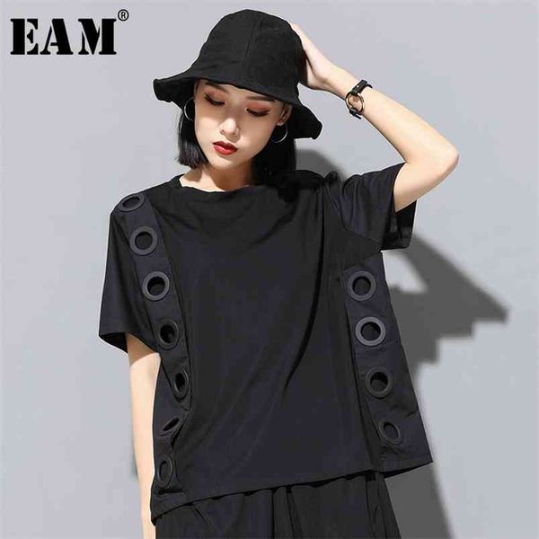 

[eam] spring summer round neck short sleeve black hollow out split joint big size t-shirt women fashion jw045 210623, White