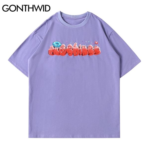 T - shirts Streetwear Hip Hop Homens Carta Donuts Imprimir Manga Curta Tees Camiseta Algodão Harajuku Casual Moda Loose Tops 210602