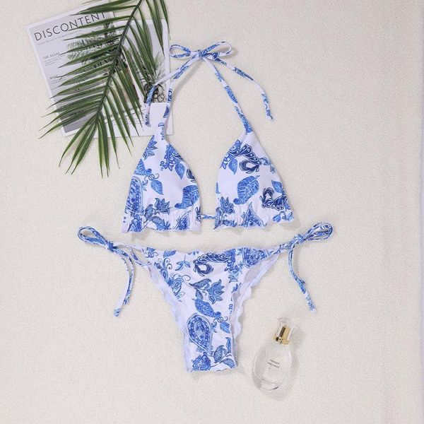 

women's swimwear halter floral strappy tight bikini swimsuit 2021 summer split beachwear, White;black