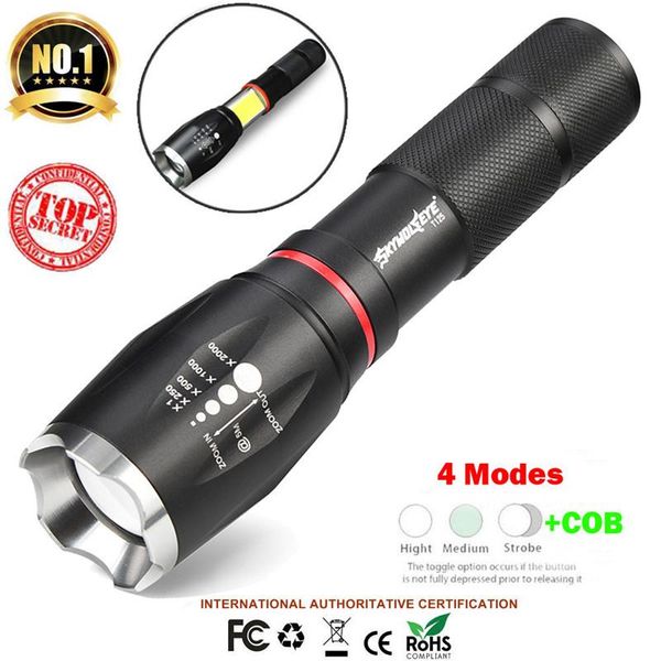 

black lighting t6+cob tactical military led torch zoomable 4-mode for 18650 #4j04 flashlights torches