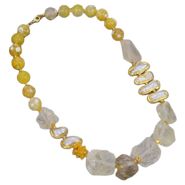 

guaiguai jewelry natural lemon quartzs rough white biwa freshwater pearl round agates choker necklace 21" vintage for women, Silver