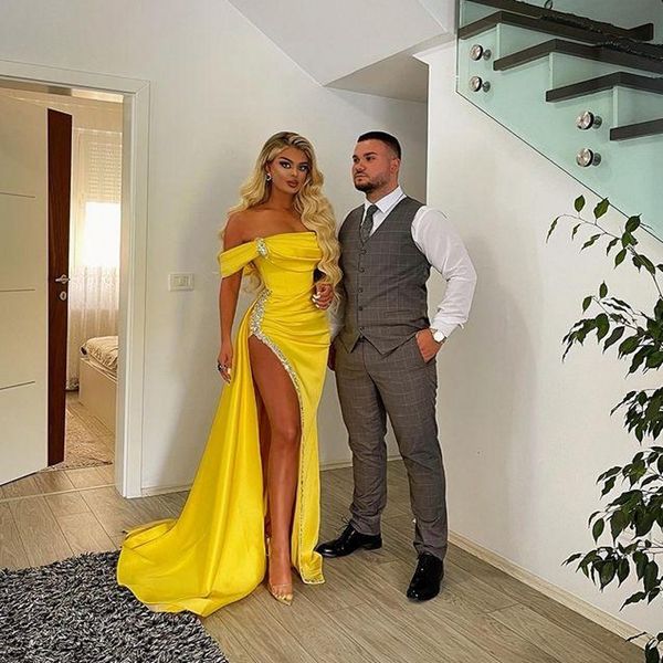 

yellow mermaid prom dresses off the shoulder high side split evening pleats beads sequins gowns, Black