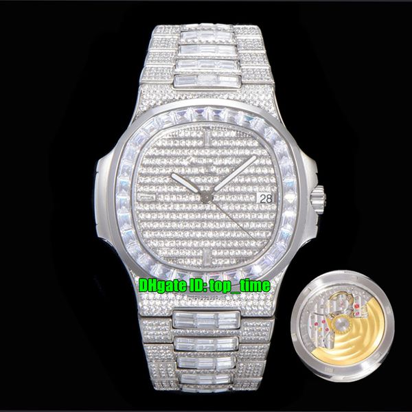 

twf watches nautilus full iced out custom diamonds set 5719/10g-010 cal.324 automatic mens watch pavÃ© diamond dial steel bracelet gents spor, Slivery;brown