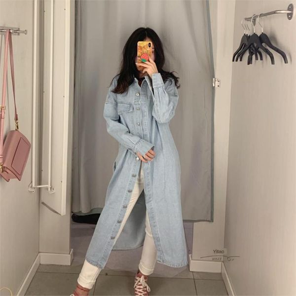 

women's trench coats coat 2021 spring casual long lapel long-sleeved loose denim women, Tan;black