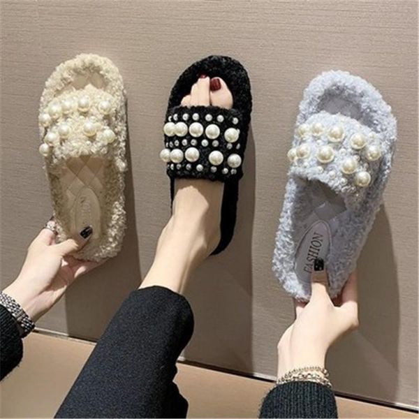 

winter women's cozy fur memory foam slippers house shoes indoor lovely hairy flat open toe pearl beautiful skin-friendly, Black