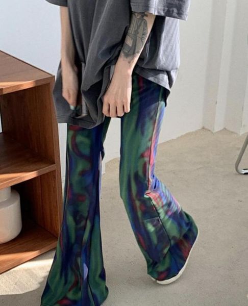 

tie dye flare pant slim cute fashion bootcut bell bottom summer elastic high waist elegant long trouser harajuku aesthetic women's pant, Black;white
