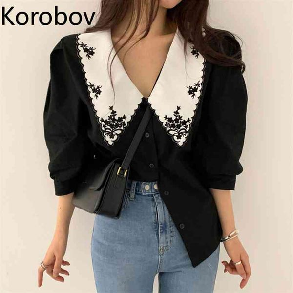 Korobov Coreano Chic Lavoro Pesante Farfalla Ricamo Camicetta Colletto Rovesciato Manica Corta Sbuffo Monopetto Blusa Camicia Allentata 210430