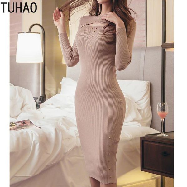 

casual dresses tuhao office lady elegant female autumn winter pencil dress long sleeve high waist stretch knit for women wm105, Black;gray