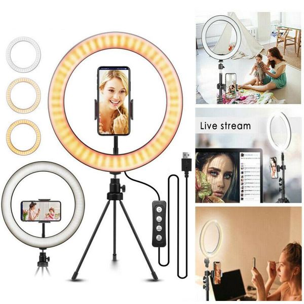 

po lighting ringlight led selfie ring light phone lamp 10'' pography tripod holder youtube video live stream flash heads