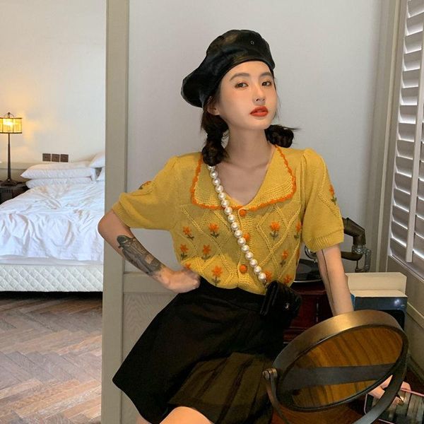 

women's knits & tees yellow blue neck short sleeve t-shirt summer 2021 design sense niche retro top, White