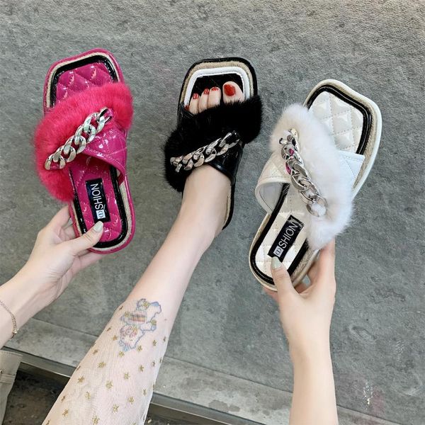 

slippers summer for women fluffy soft slides 2021 luxury sandals outside fashion women's flip flops zapatillas mujer, Black