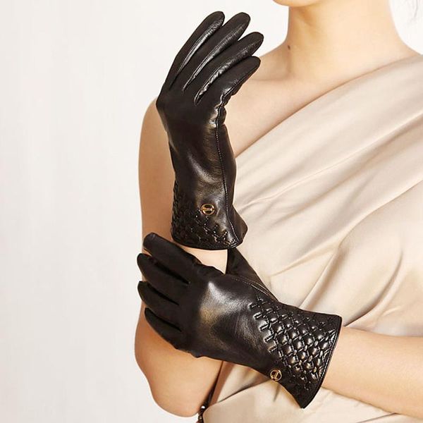 

five fingers gloves real leather female winter full finger driving sheepskin mittens weaving women s2606, Blue;gray