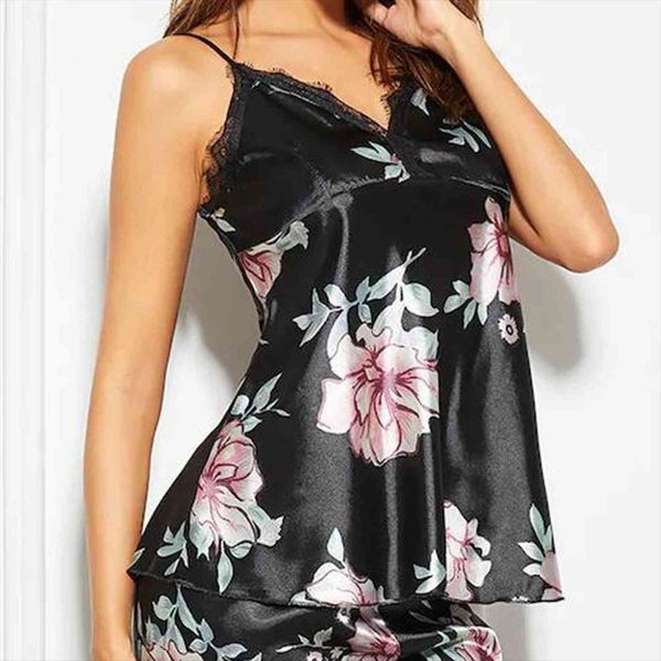 

floral printing pajamas set womens sleepwears fashion trousers silk satin printed lace v neck vest pijama, Black;red