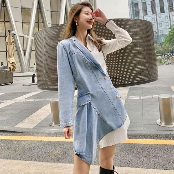 

casual dresses net red celebrities age-reducing stitching denim irregular dress 2021 personality fake two piece female, Black;gray