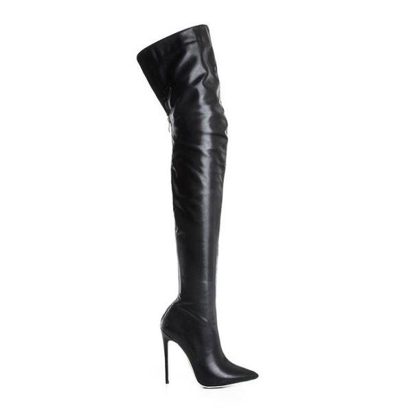 

boots patent leather woman back zipper overknee 2021 sharp heel shoe 48, Black