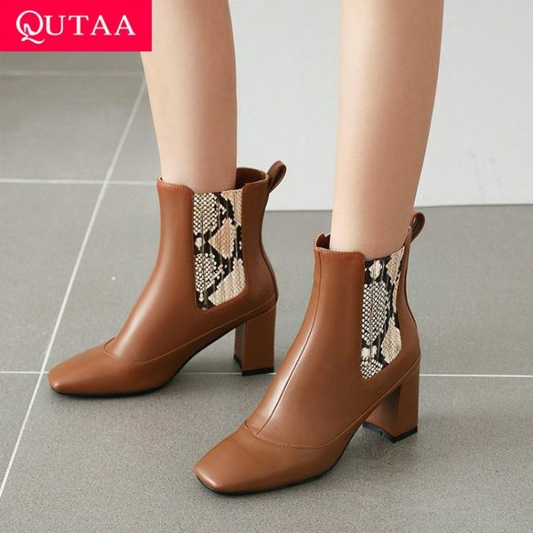 

boots qutaa 2021 mixed color pu snakeskin ankle square toe slip on women shoes autumn winter heel short size 34-43, Black