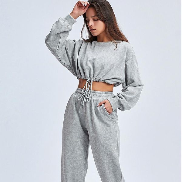 

autumn winter yoga set fitness sport sweatshirts long sleeve crop gyms women tracksuit elastic waist trousers sweatpants outfit