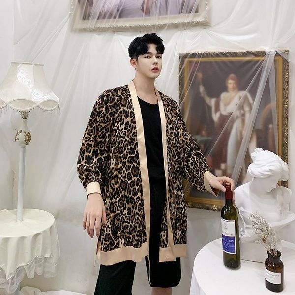 

men's trench coats leopard printed mens luxury outwear summer fashion 2021 korean designer belted long club outfits, Tan;black