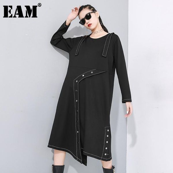 

casual dresses [eam] women black button split asymmetrical dress round neck long sleeve loose fit fashion tide spring autumn 2021 1n488, Black;gray