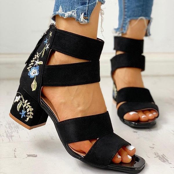 

dress shoes women's high heels elastic band embroidered open toe sandals thick heel increase casual light women, Black