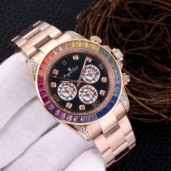 

wristwatches men automatic mechanical rainbow diamonds bezel stainless steel rose gold black white sport watch, Slivery;brown