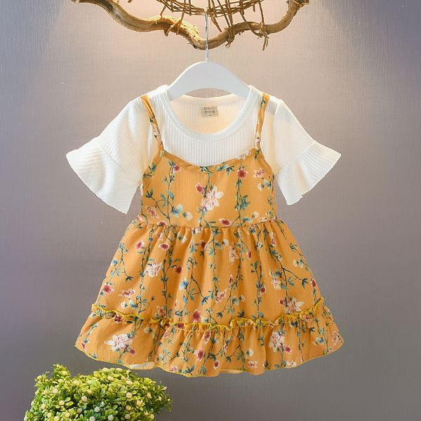 

2021 butterfly sleeve print little girl summer dress, Red;yellow
