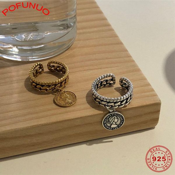 

cluster rings pofunuo real 925 sterling silver minimalist geometric simple desgin open penny coin charm make old distressed female, Golden;silver