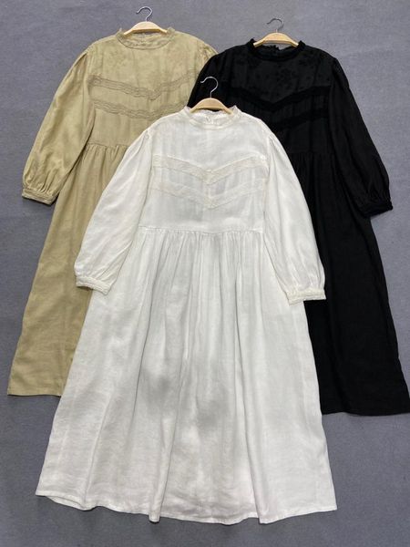 

casual dresses japanese french female embroidery linen dress autumn winter, Black;gray