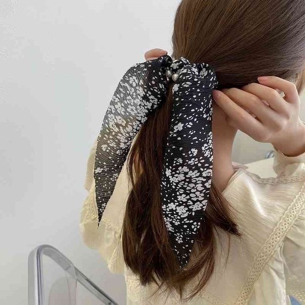 

silk korean scarf fashion hair band female personality net red temperament pearl head rope streamer super fairy binding hair jewelry, Black;brown