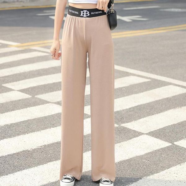 

#1920 summer straight pants women elastic waist casual wide leg woman full length formal knitted trousers, Black;white