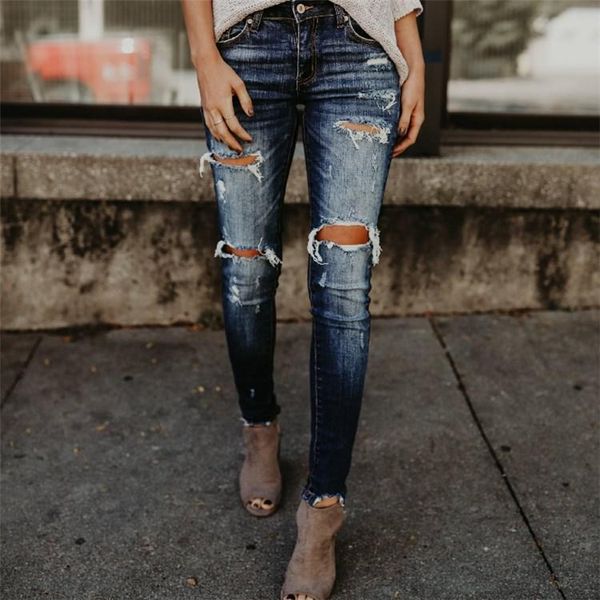 

women's jeans spring boyfriend style hole ripped high waist slim pencil pants women cool denim vintage skinny push up, Blue