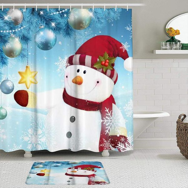

fabric shower curtain and mats set,christmas star snowman sparkling snowflakes,waterproof bath curtains with 12 hooks,non slip