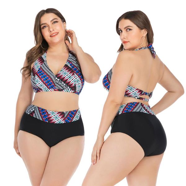 

women's vintage plus size swimsuit two piece retro halter high waist bikini set tummy control bathing suit push up l to 4xl one-piece s