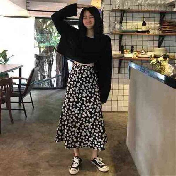 

flower pattern casual fresh loose basic simple college wind summer chiffon female women arrival a-line skirts 210426, Black