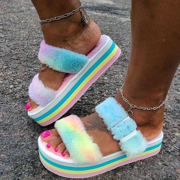 

winter outdoor women faux fur slippers platform wedges thick muffin heel buckle multi fashion trend designer shoes ladies female, Black