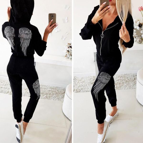 

women sports suit fashion autumn and winter print solid color slim leisure hoodies sweatpants trend women's two piece pants, White
