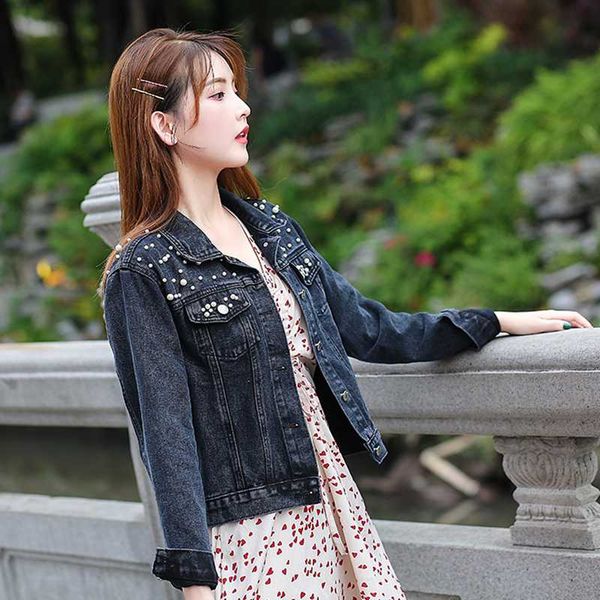 

women's jackets 2021 short denim jacket foreign trade beaded pearl loose spring and autumn ladies, Black;brown