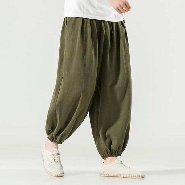

men's pants m-5xl mens casual elastic waist linen ankle length wide leg baggy harem drawstring streetwear men trousers, Black