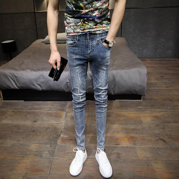 

men's jeans wholesale 2021 frayed edging and rotten for young men, korean version worn washed thin trousers feet pencil, Blue