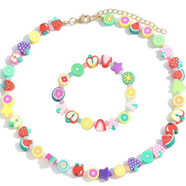 

earrings & necklace diezi bohemian multicolor bracelet jewelry set ethnic random soft clay fruit beads choker for women, Silver