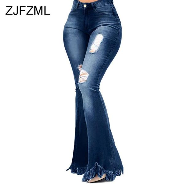 

high waist hollow out ripped jeans for women vintage tassels bell bottom denim trousers streetwear washes skinny plus size pants women', Blue