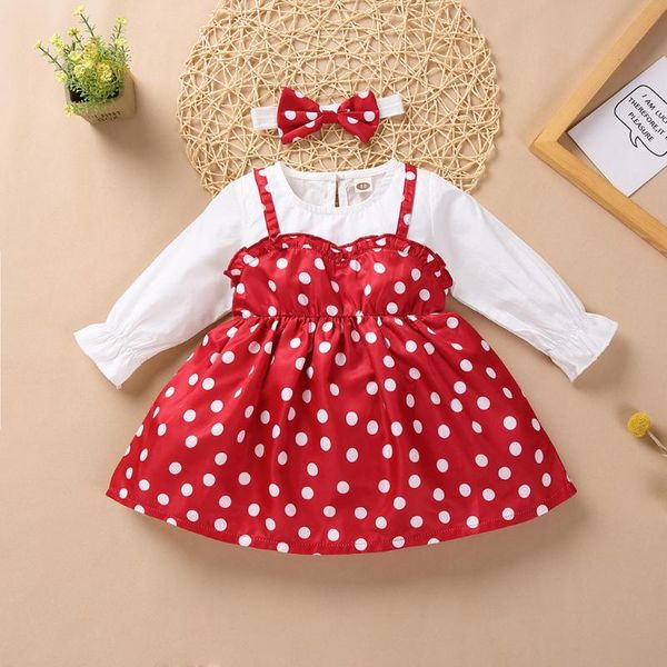 

clothing sets born clothes for borns toddler baby girl long sleeve wave point bubble skirt+bowknot headband set, White