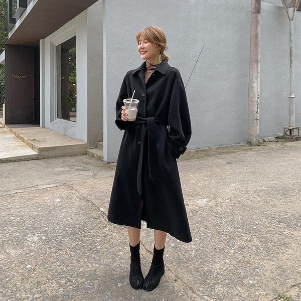 

women's wool & blends 2021 solid color korean loose double faced cashmere coat hand sewn middle length, Black