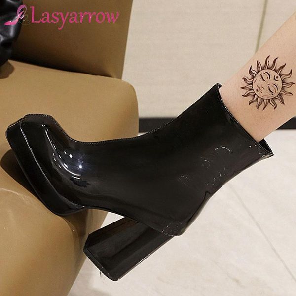 

boots lasyarrow platforms autumn winter women ankle square toe thick high heels casual concise fashion shoes woman, Black