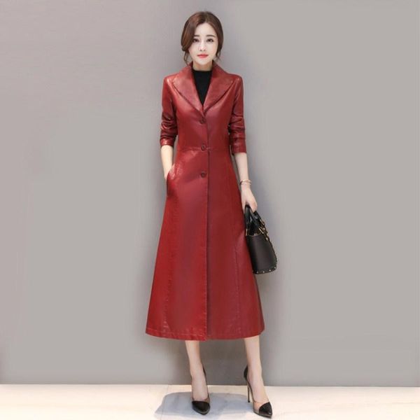 

women's leather & faux jacket women spring autumn slim long black red trench coat plus size m-5xl k813