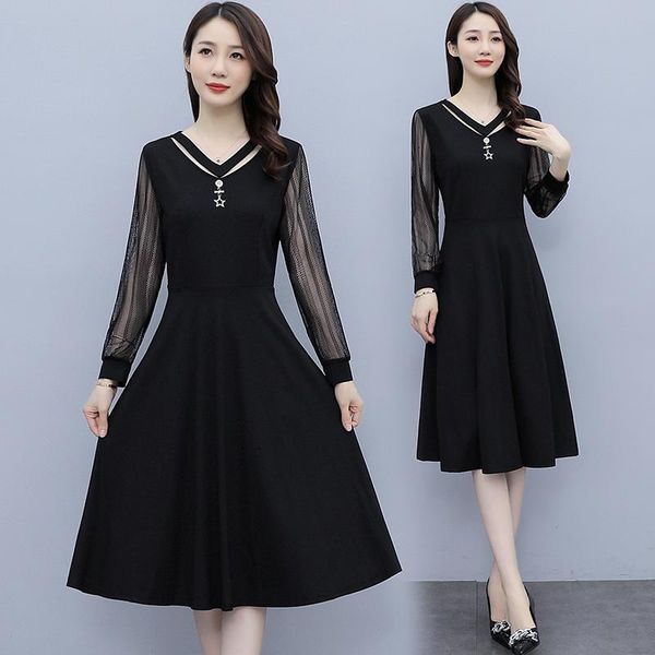 

casual dresses make style big yards lace long sleeve dress fat mm sister together cultivate one's morality show thin is autumn, Black;gray