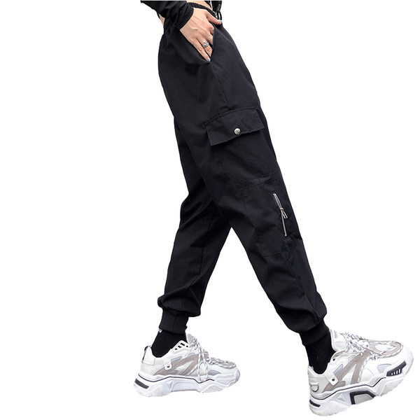 

casual loose side pockets cargo pants korean streetwear women's hip hop ankle-tied spring autumn harajuku overalls & capris, Black;white