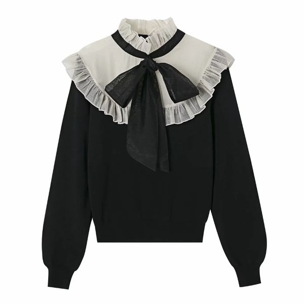 

women contrast color organza splicing knitting sweater femme long sleeve pullover casual lady loose sw960 210430, White;black