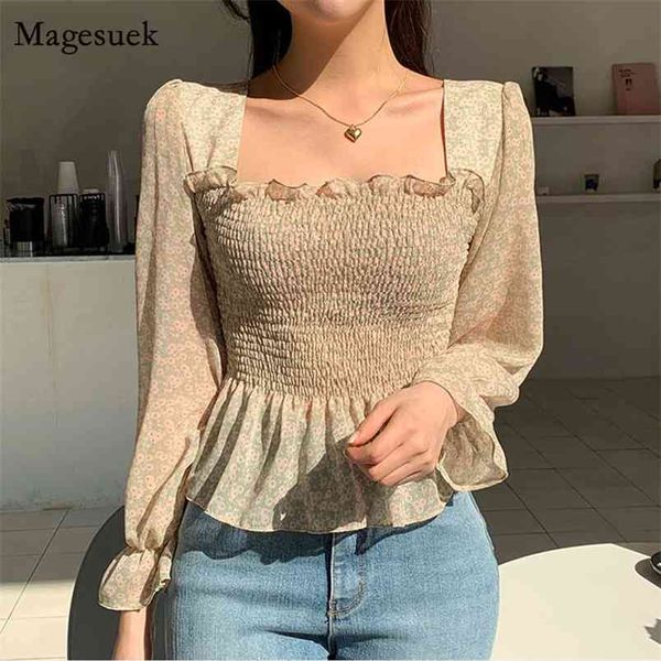 

square collar long sleeve chiffon blouses women summer elegant printed women's shirts ruffled elastic casual female 14470 210512, White